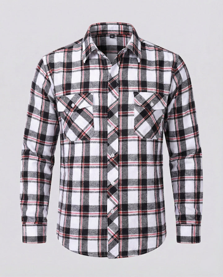 Durable men's plaid button-up shirt, long sleeve, suitable for work or leisure, versatile everyday wear.