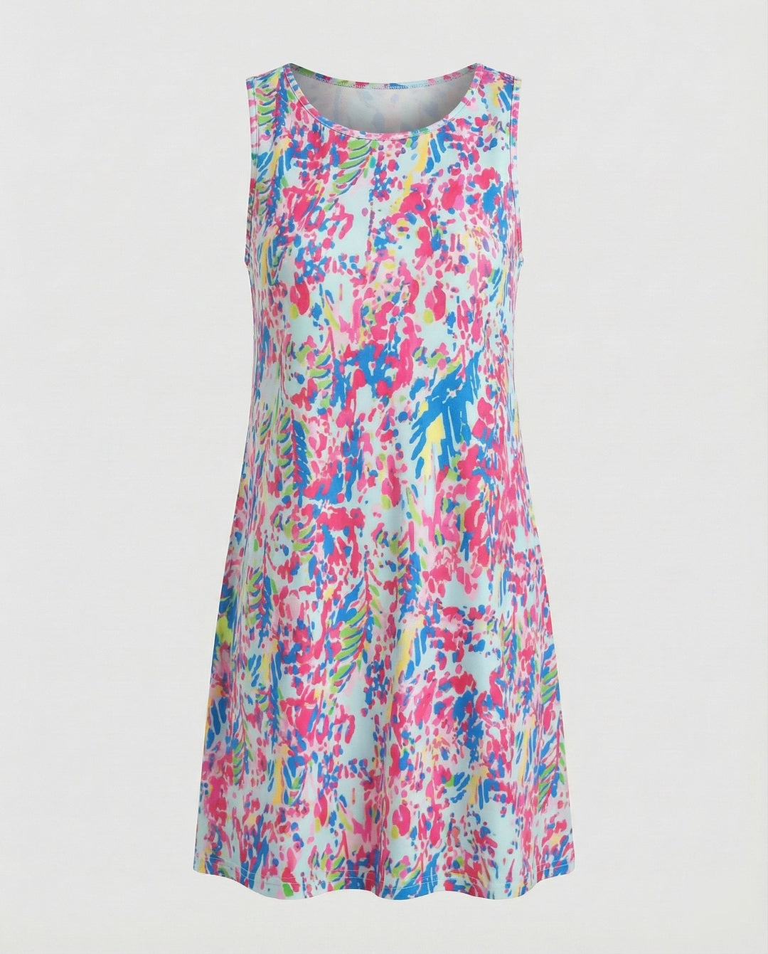 Chic women's sleeveless casual dress, vibrant artistic print, flowy and comfortable for any occasion.