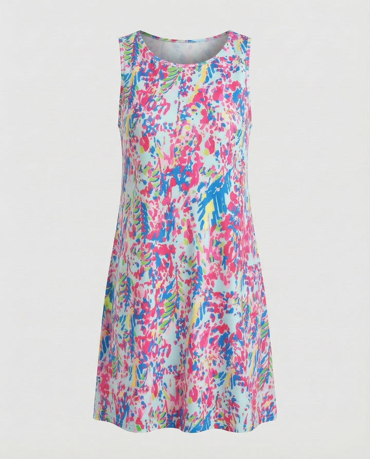 Chic women's sleeveless casual dress, vibrant artistic print, flowy and comfortable for any occasion.