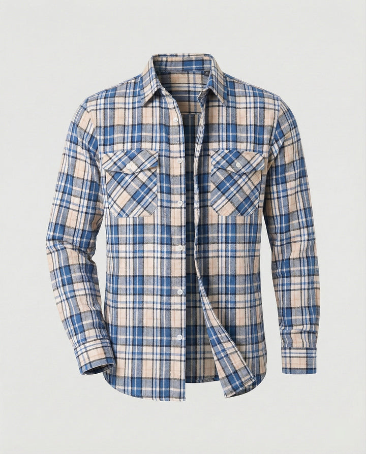 Ultra-comfortable men's long-sleeve checked shirt, perfect for all-day casual wear, button-up style.