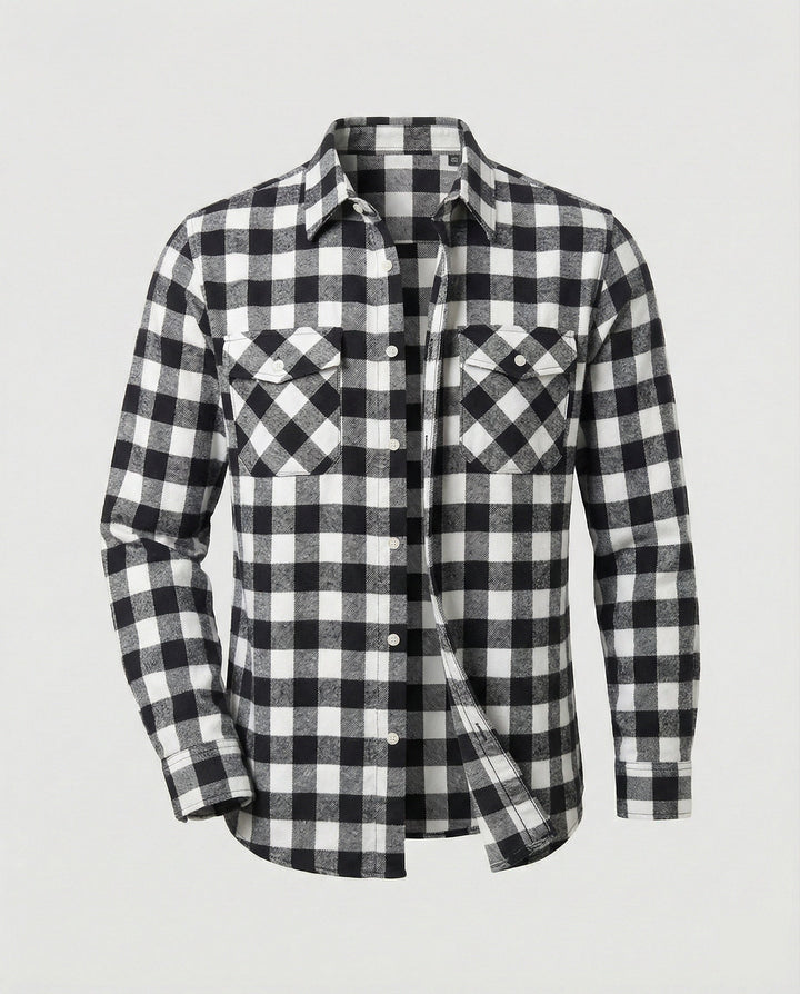 Bold plaid pattern men's casual button-up shirt, a stylish and versatile layering piece.
