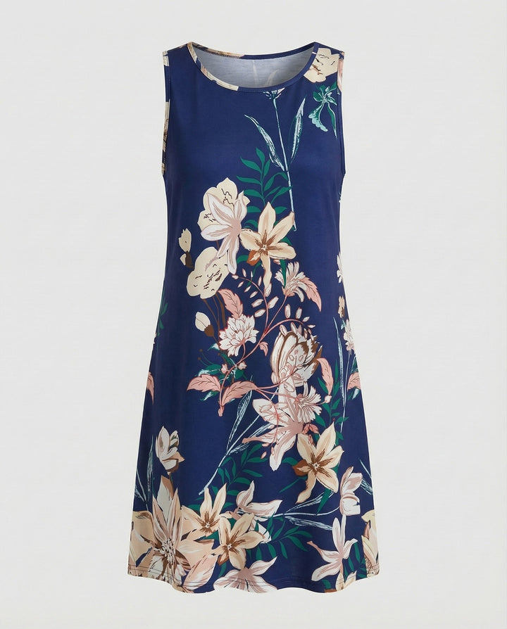 Relaxed fit women's sleeveless casual dress, vibrant artistic print, comfortable for all-day wear.