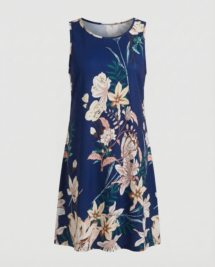 Vibrant sleeveless women's casual dress with a unique artistic pattern, perfect for summer.