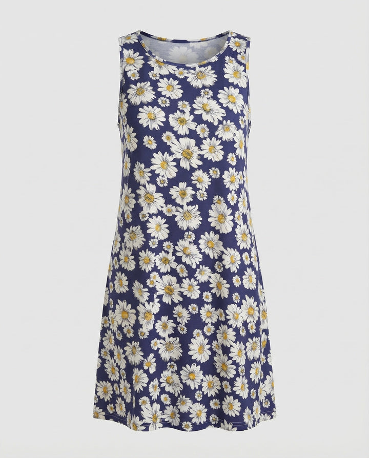 Artistic print women's sleeveless casual dress, vibrant colors, comfortable and versatile.