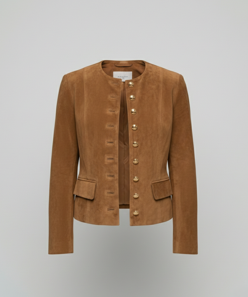Sophisticated women's elegant jacket featuring prominent gold buttons, a fashionable and versatile outerwear piece.