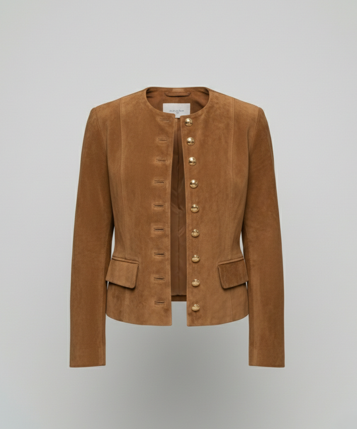 Sophisticated women's elegant jacket featuring prominent gold buttons, a fashionable and versatile outerwear piece.