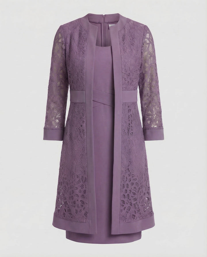 Beautiful knee-length lace two-piece dress for women. Perfect elegant outfit for parties & events.