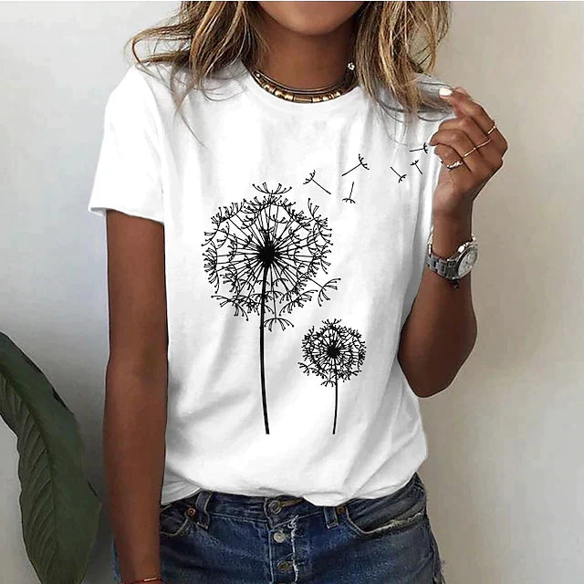 Comfortable women's dandelion print top. Versatile chic blouse for everyday wear, easy care spring and summer style.