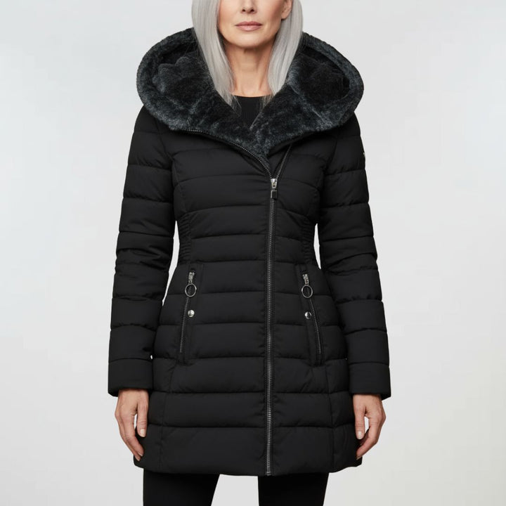 Women's waterproof winter coat in classic black, ideal outerwear for cold weather. Warm, hooded jacket.