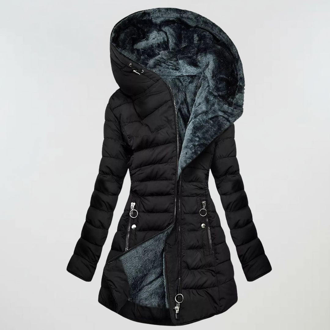 Stylish women's hooded waterproof winter coat, perfect for everyday cold weather and rain protection.