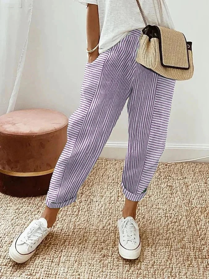 Women's striped summer pants with a relaxed fit. Casual trousers, comfortable everyday fashion bottoms.