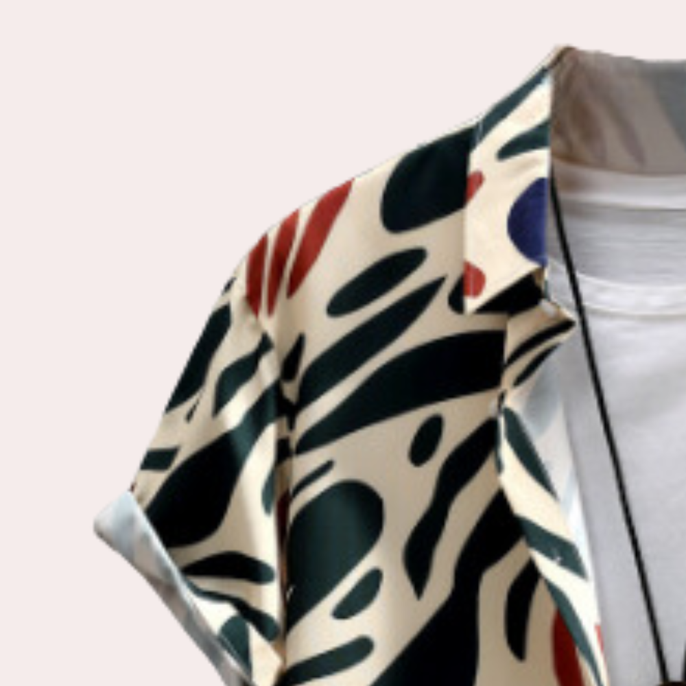 Fashionable men's abstract print short sleeve top, relaxed fit, great for casual occasions & summer unique style.
