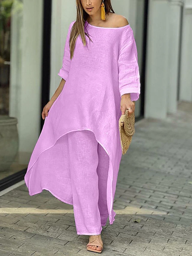 Weekend ready women's two-piece lounge set with long sleeve top and wide leg pants. Comfortable and chic.
