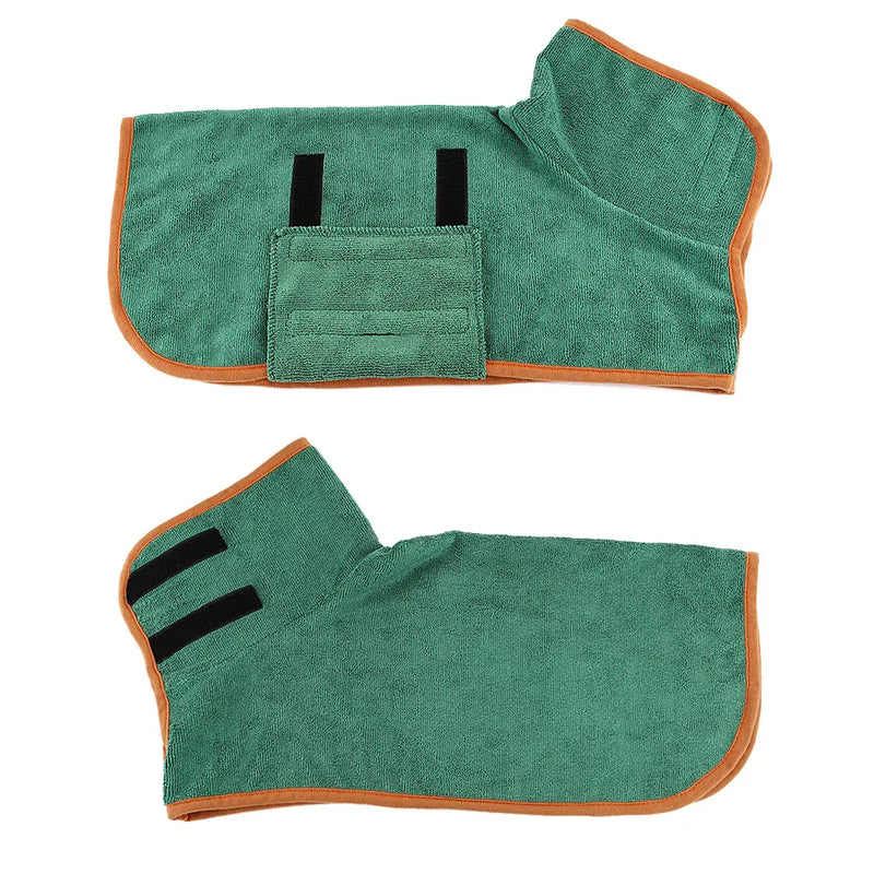 Quick-drying dog bathrobe in green, providing warmth and comfort for pets after baths or swims.