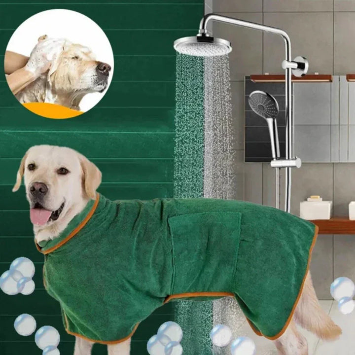 Dog wearing a blue quick-drying bathrobe, showcasing its comfortable fit and absorbency.