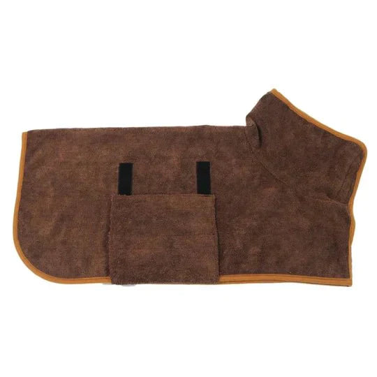 Dog wearing a brown quick-drying bathrobe, emphasizing its softness and quick-drying capabilities.
