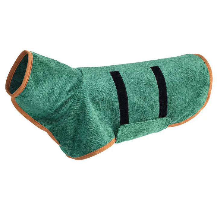 Side view of a dog wearing a blue quick-drying bathrobe, showing the adjustable Velcro and full coverage.