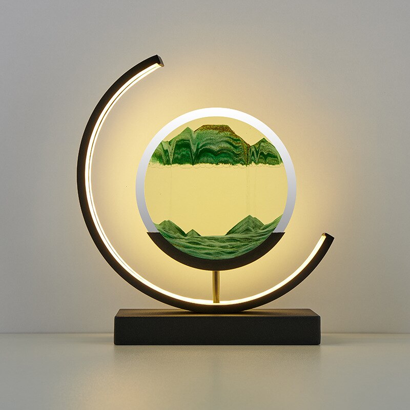 Quicksand art table lamp with rotating sand patterns, 360-degree rotation, elegant design, soft LED light, stress relief.