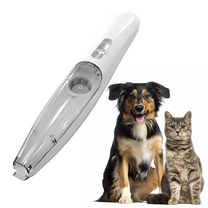 Silent pet hair trimmer with integrated vacuum for calm dog & cat grooming. Fur collector ensures mess-free experience.