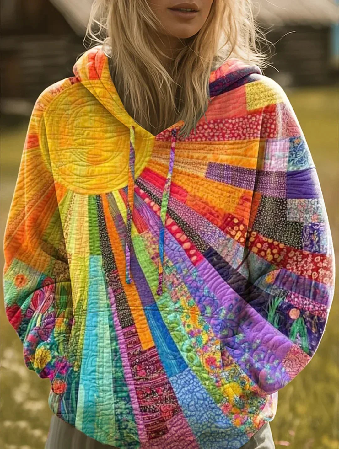 Women's Bohemian Multicolor Patchwork Hoodie. Vibrant long sleeve casual top for unique boho style.
