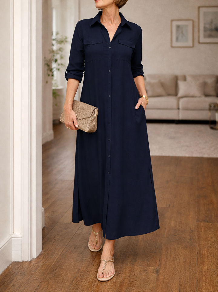 Elegant women's collared button front maxi dress with a relaxed fit, great for spring or fall everyday fashion.