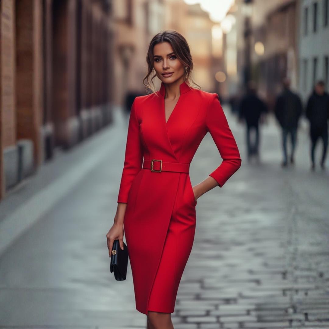 Full length view of a women's V-neck wrap front midi dress with long sleeves and a stylish belted design.