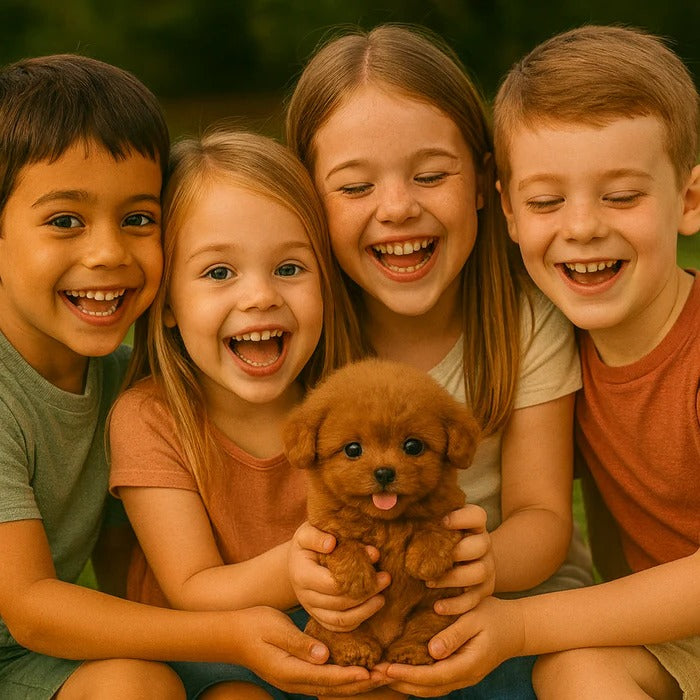 Lifelike interactive robot puppy playmate for kids, with sound & touch features.