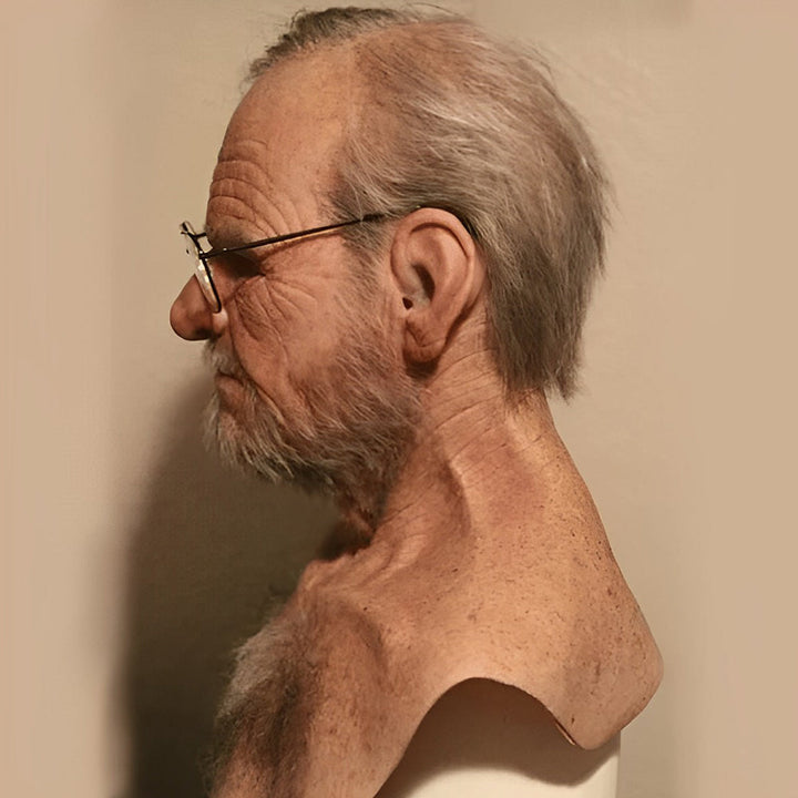 Detailed expressive old man latex mask for a striking Halloween costume.