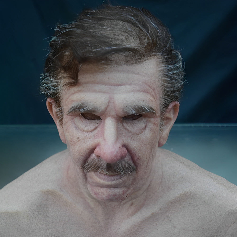 Halloween old man latex mask with realistic wrinkles and skin texture.