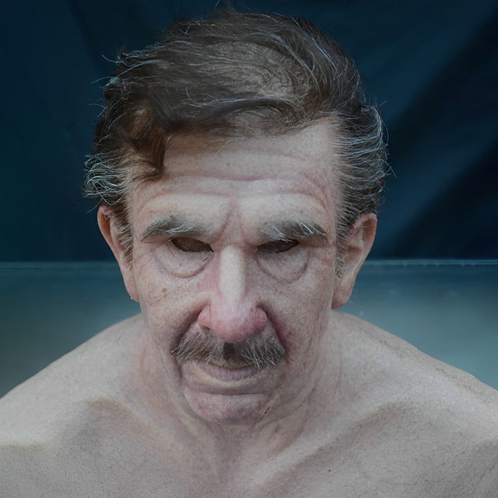 Halloween old man latex mask with realistic wrinkles and skin texture.