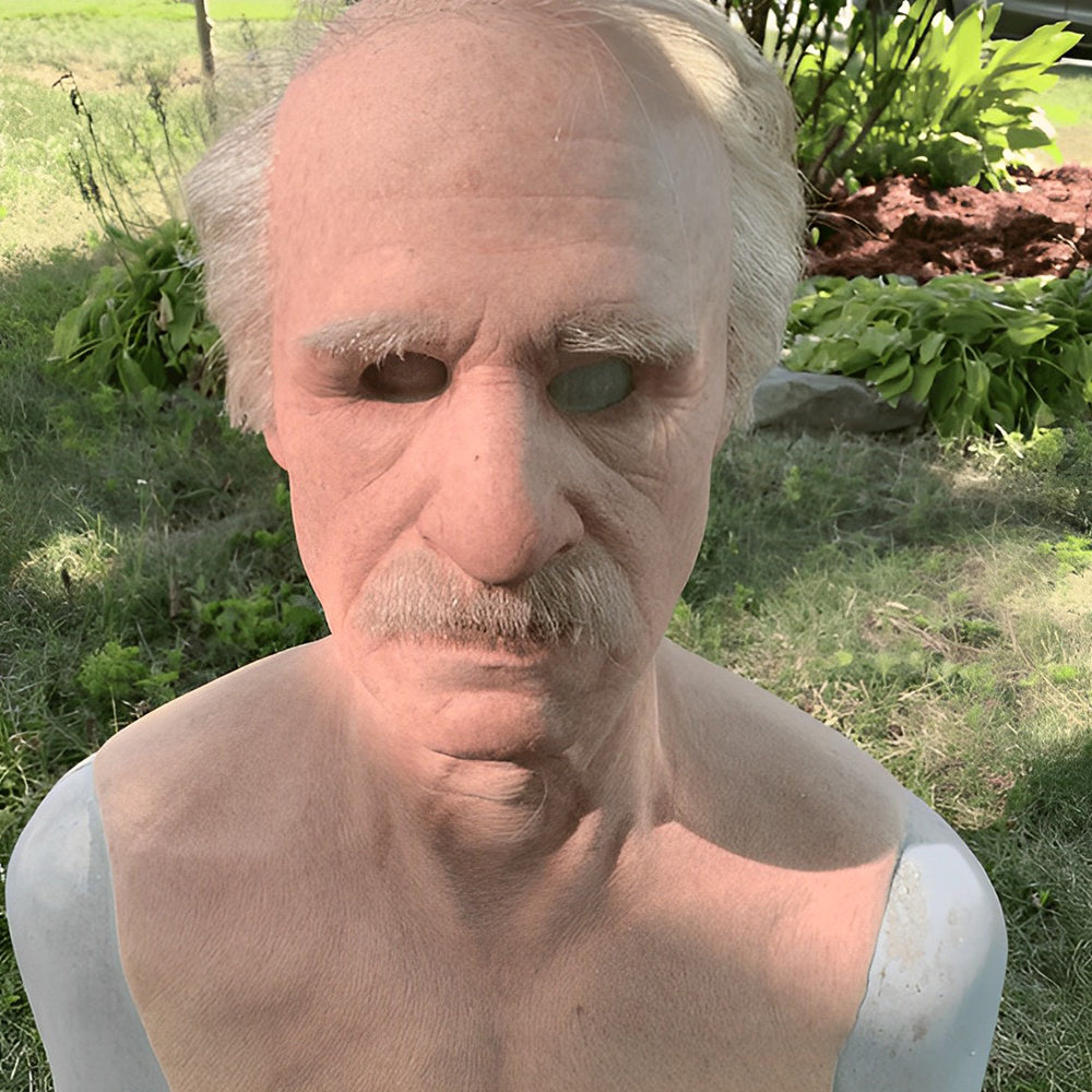 Realistic senior citizen latex mask for Halloween, cosplay, and theatre.