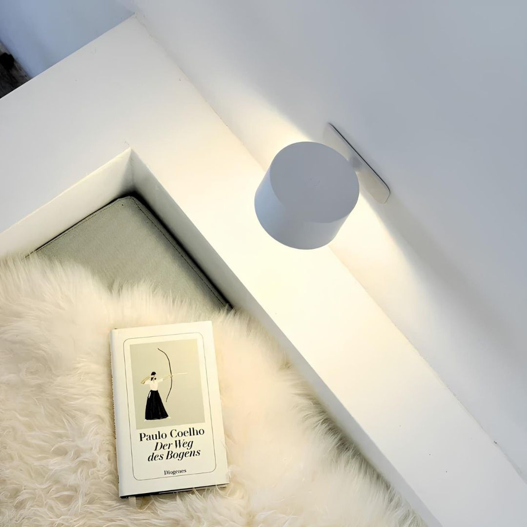"Rechargeable 360° rotating wall light, features sleek design with magnetic ball joint, touch control, and adjustable lightin