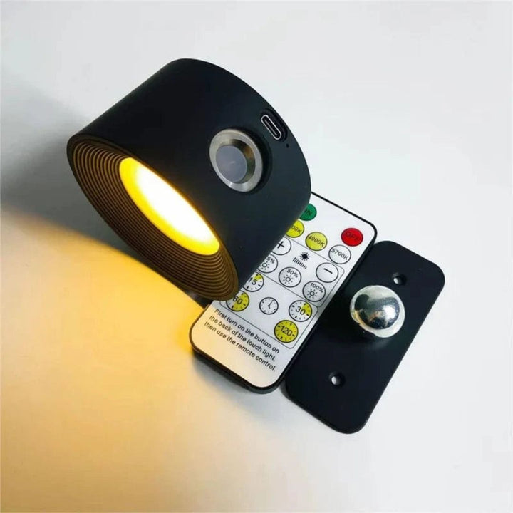 "Rechargeable 360° rotating wall light, features sleek design with magnetic ball joint, touch control, and adjustable lightin