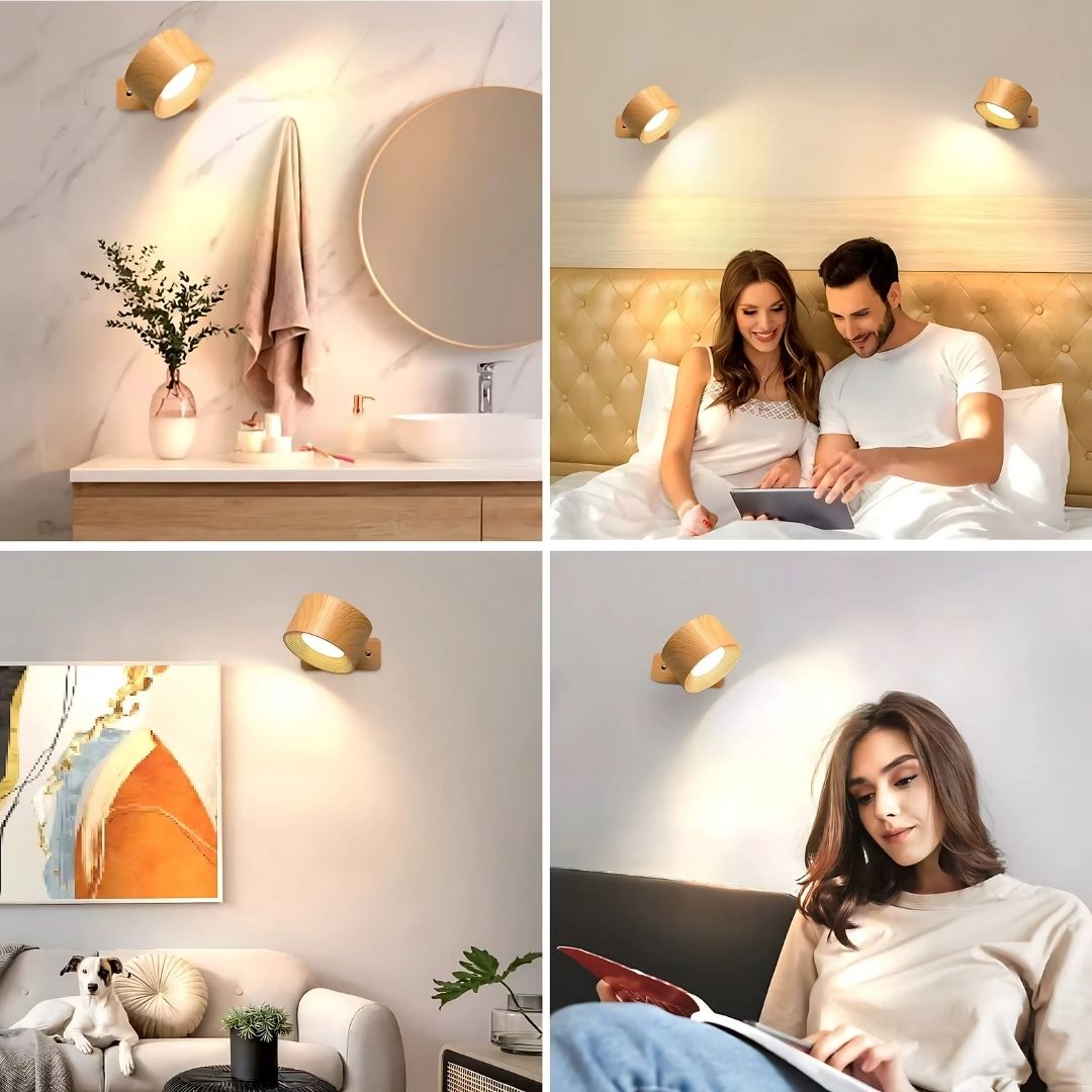 "Rechargeable 360° rotating wall light, features sleek design with magnetic ball joint, touch control, and adjustable lightin