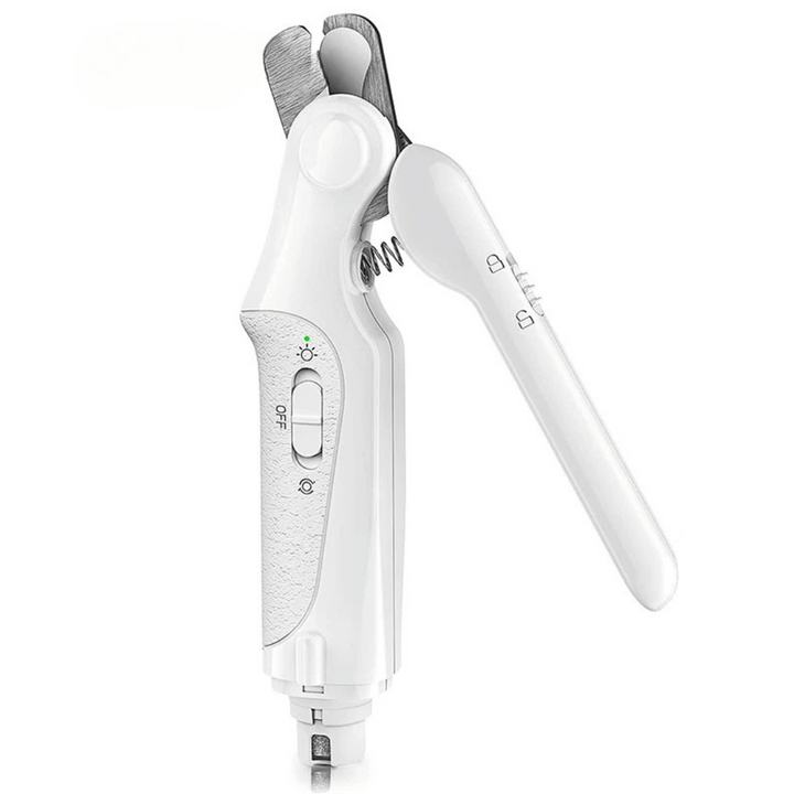"Rechargeable dog nail grinder and clipper with LED light; ergonomic design for safe pet grooming, cordless and USB rechargea