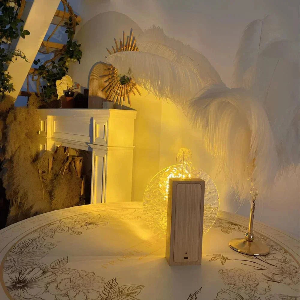 "Rechargeable LED lamp projects sunset hues, ocean waves; adds cozy ambiance to home decor with adjustable head."