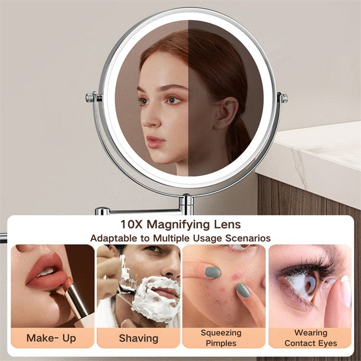"Rechargeable wall mounted shaving mirror with LED lights, featuring three light settings and a sleek modern design."