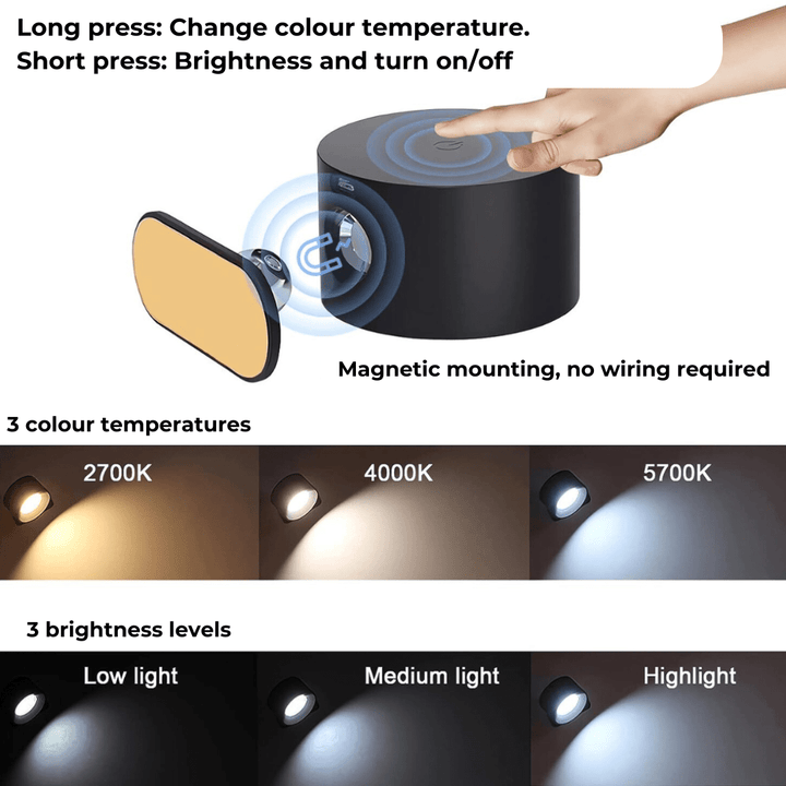 Rechargeable wireless 360° LED wall light with touch control, magnetic rotation, adjustable brightness and color modes in whi