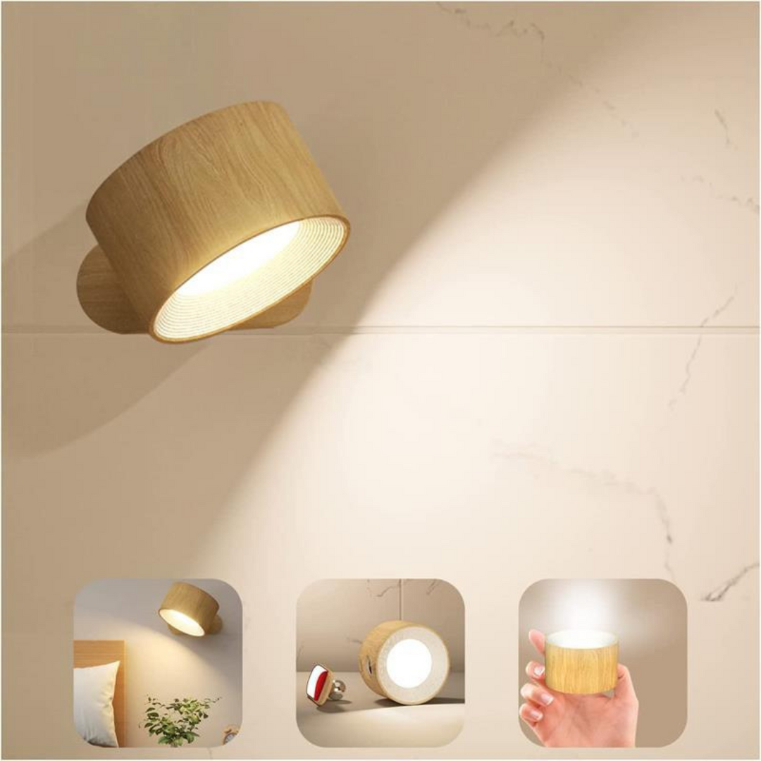 Rechargeable wireless 360° LED wall light with touch control, magnetic rotation, adjustable brightness and color modes in whi