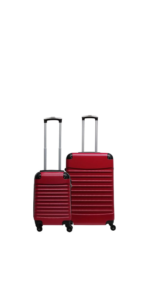 Red 2-piece hard shell luggage set for travel, including carry-on & checked bag. Durable, rolling suitcases.