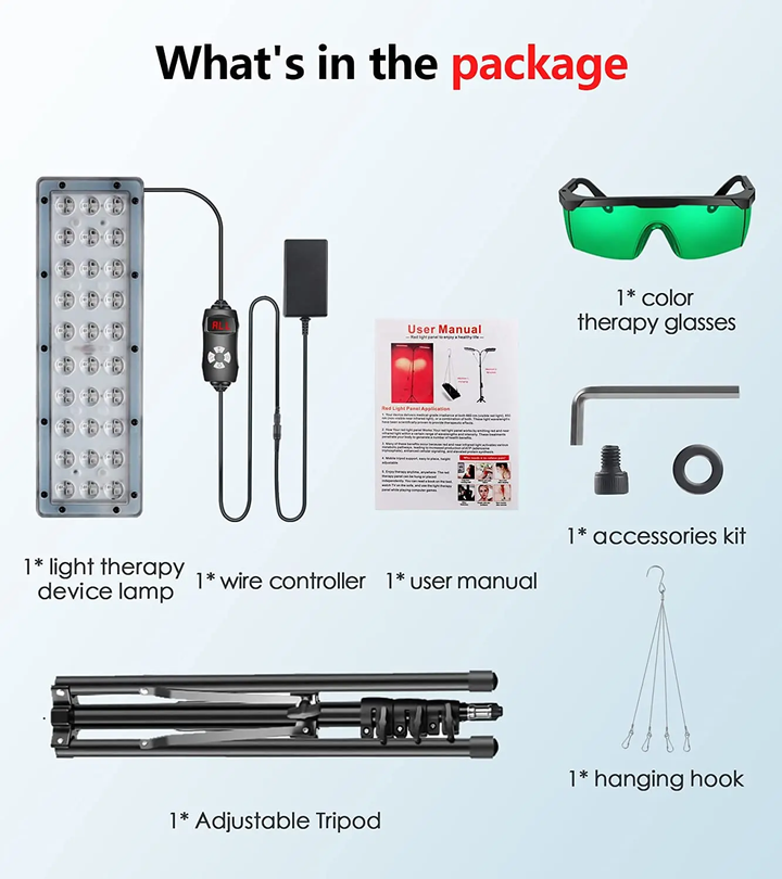 "Red light therapy lamp with adjustable strip for targeted healing, featuring a stable stand and versatile angle adjustment."