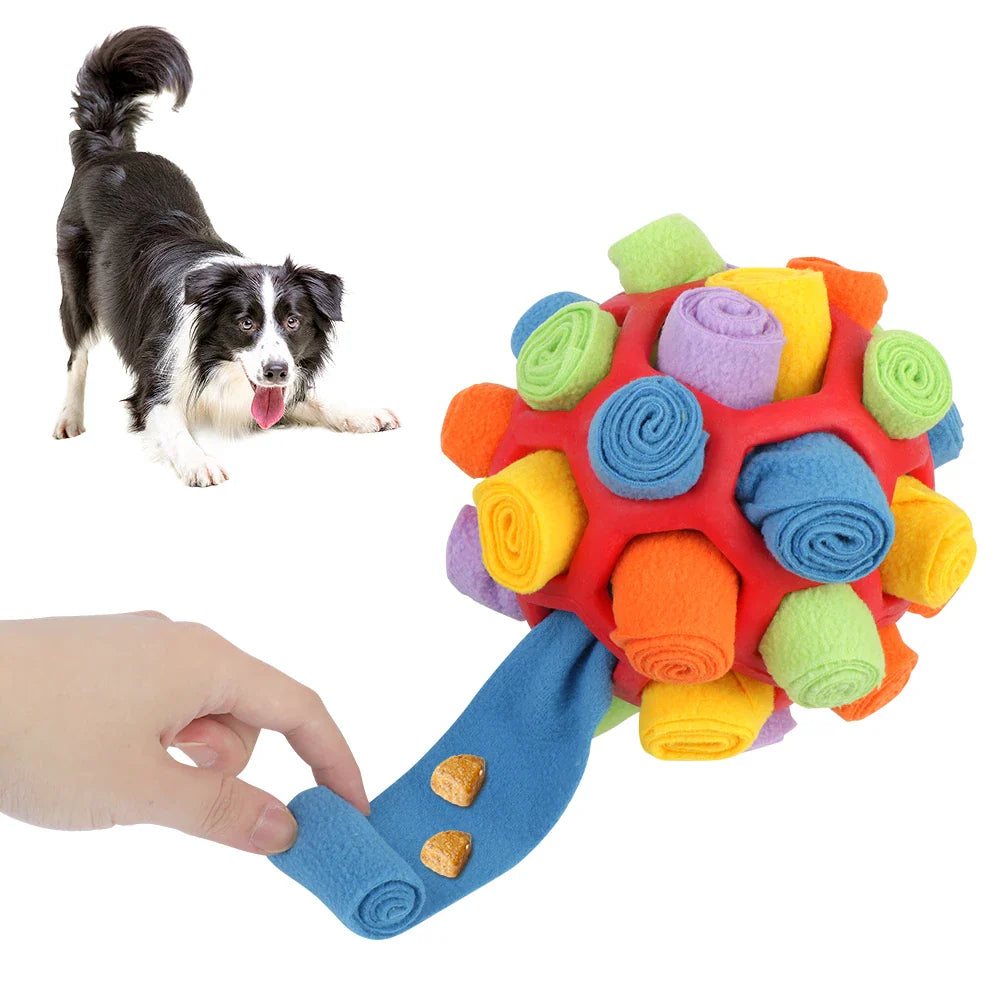 Red plush interactive dog puzzle toy with hidden treat compartments for mental stimulation & fun. Foraging pet game.