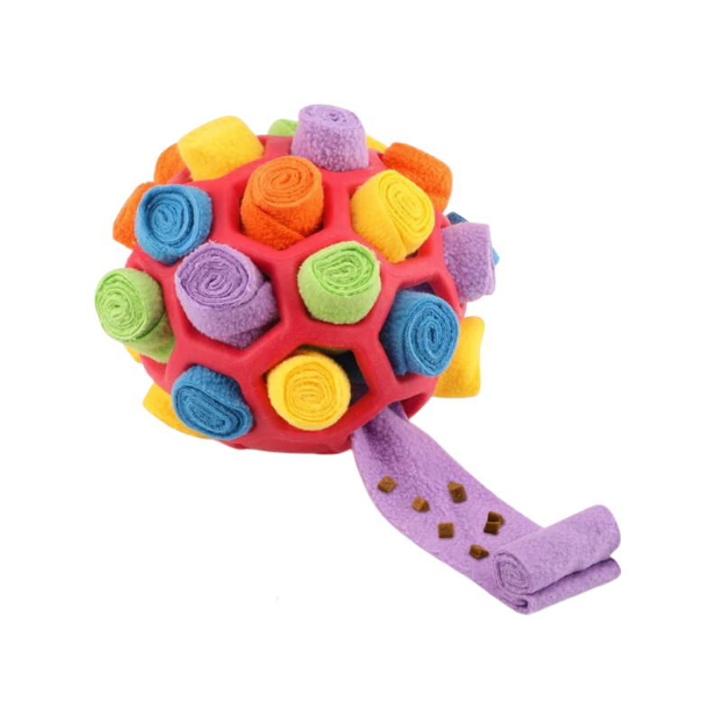 Washable red plush interactive dog puzzle toy, a snuffle mat treat dispenser for foraging & mental stimulation.