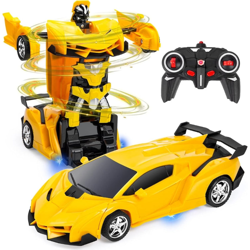 Red RC transforming robot car for boys, converts from remote control vehicle to action robot toy, great kids gift.