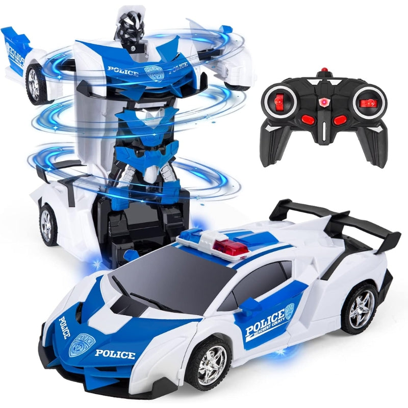 Dynamic RC transforming robot car toy for children, switches between a sleek remote control vehicle and a cool robot figure.