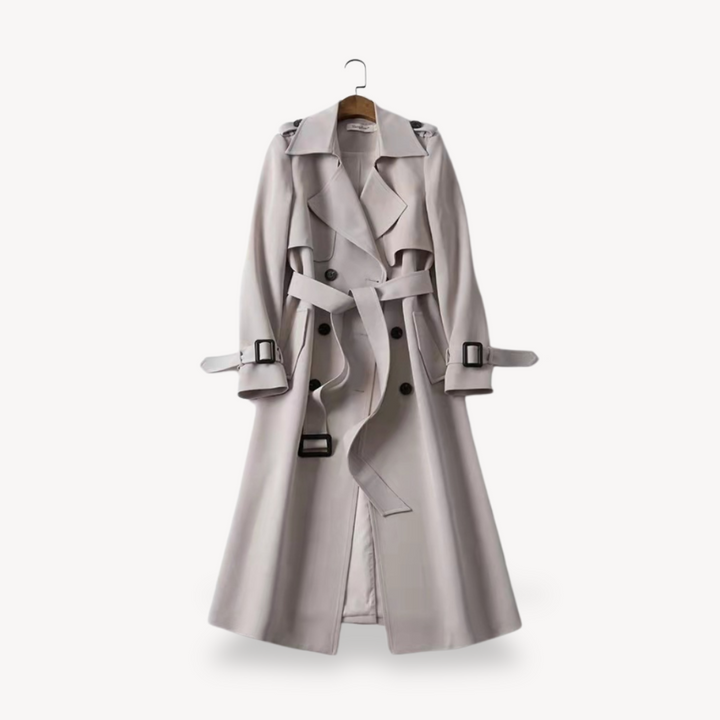 Red women's cotton trench coat with belted waist, classic silhouette, stylish and versatile for all-season outfits.