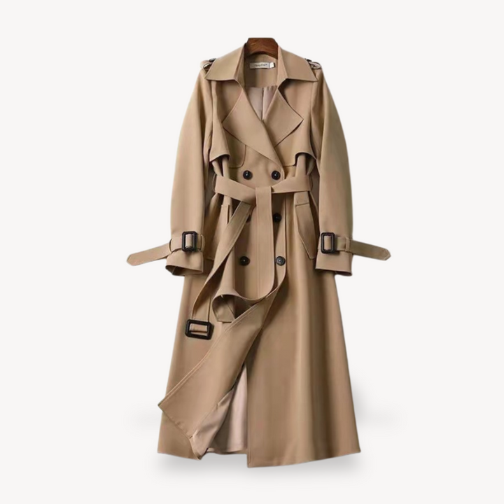 Red women's cotton trench coat with belted waist, classic silhouette, stylish and versatile for all-season outfits.