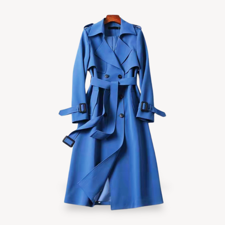Red women's cotton trench coat with belted waist, classic silhouette, stylish and versatile for all-season outfits.