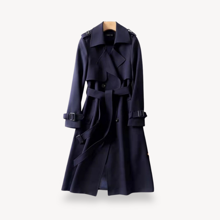 Red women's cotton trench coat with belted waist, classic silhouette, stylish and versatile for all-season outfits.