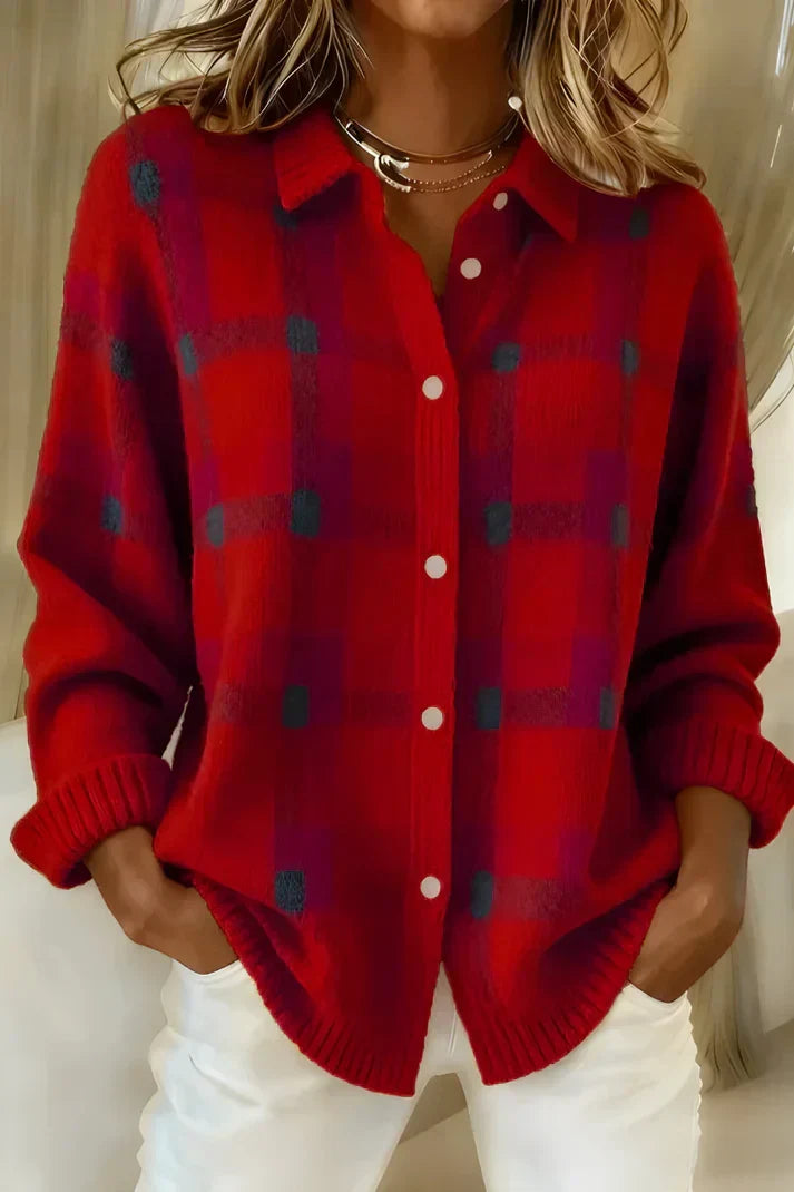Cozy women's checkered cardigan, perfect for versatile layering. Comfortable long-sleeve button-front top.